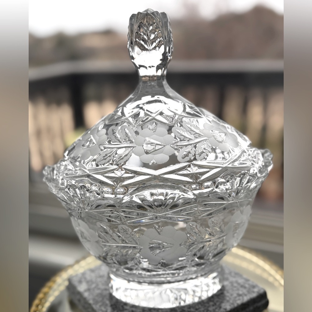 SOLD Imperial Medallion Rose Heavy Crystal Candy Dish With Lid